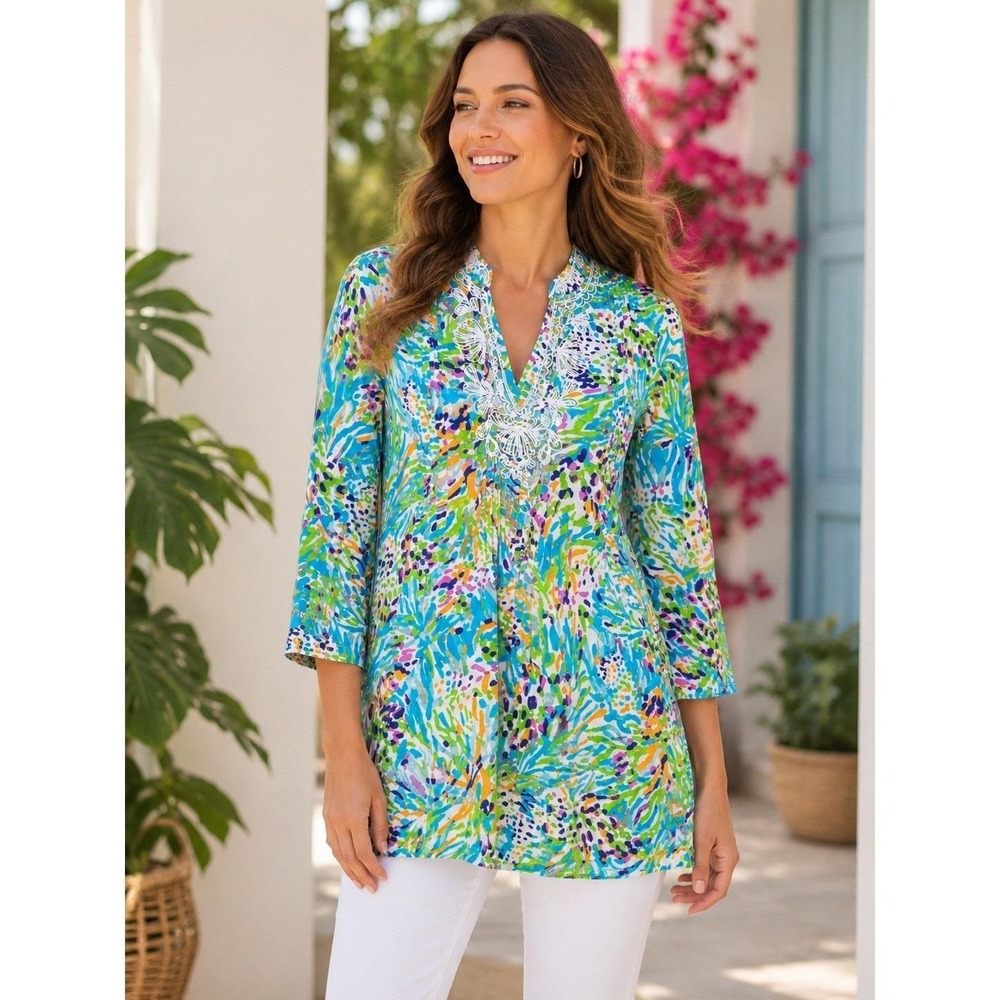 Lilly Pulitzer Sarasota Sea Soire Tunic Womens S Blue Green Beaded Neck Top